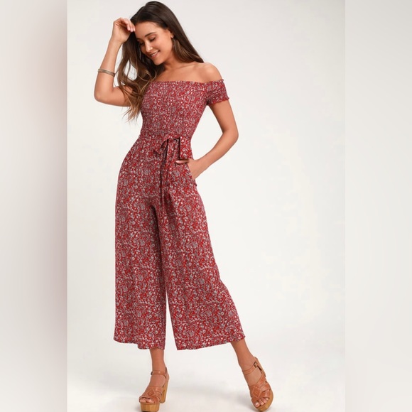 Lulus Pants - Lulu’s Behold Red Floral Print Off-the-Shoulder Jumpsuit Size - XL